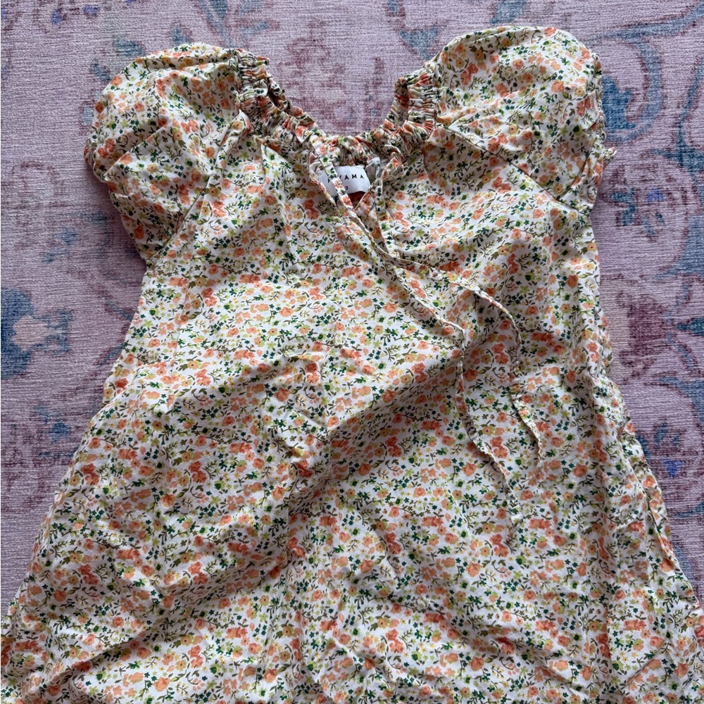 Girls Floral Ruffle Dress - Cream with Orange & Green Blossoms